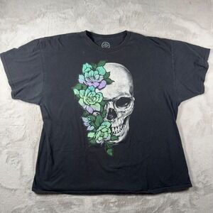 DOM Womens 2XL Black Floral Skull Graphic T-Shirt Cotton Short Sleeve Tee